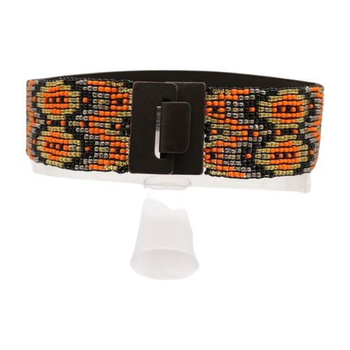 Women Brown Elastic Vintage Look Belt Orange Gold Black Beads Wood Buckle S M - Picture 12 of 24