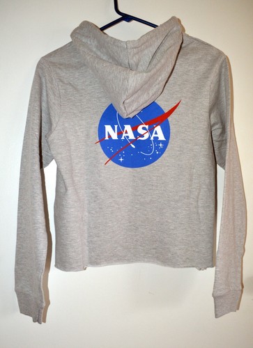 NASA Boy's Hooded Sweatshirt Long Sleeve Gray Distressed Cropped Bottom Size 14A - Picture 3 of 5