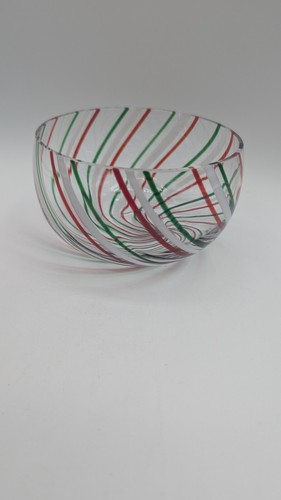 Vtg Murano? Optic Swirl Art Glass Bowl Italy Green White Red Christmas Candy - Picture 3 of 7