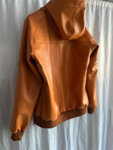 Men's Camel Tan Hooded Bomber Leather Jacket| Genuine Sheepskin Leather Jacket M - Picture 7 of 9