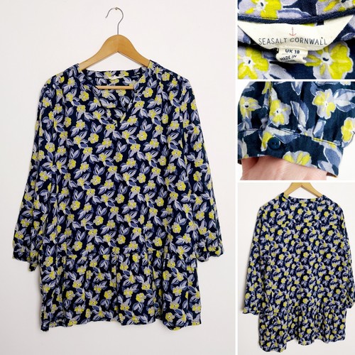 Seasalt Women's Navy Colarossi Tiered Tunic Top Blouse Primrose Pattern Size 18