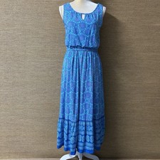Talbots Petites Maxi Dress Womens MP Blue Paisley Sleeveless Elastic Waist
