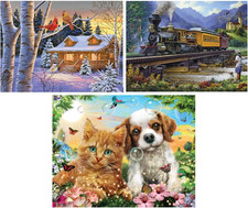 Value Set of 3 Large Piece Puzzles for Seniors, 10 In. X 13 In. Winter Cabin, Tr