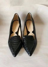 Adrienne Vittadini Black Leather Croc-Patterned Pointed Toe Pumps Women's Sz 7M