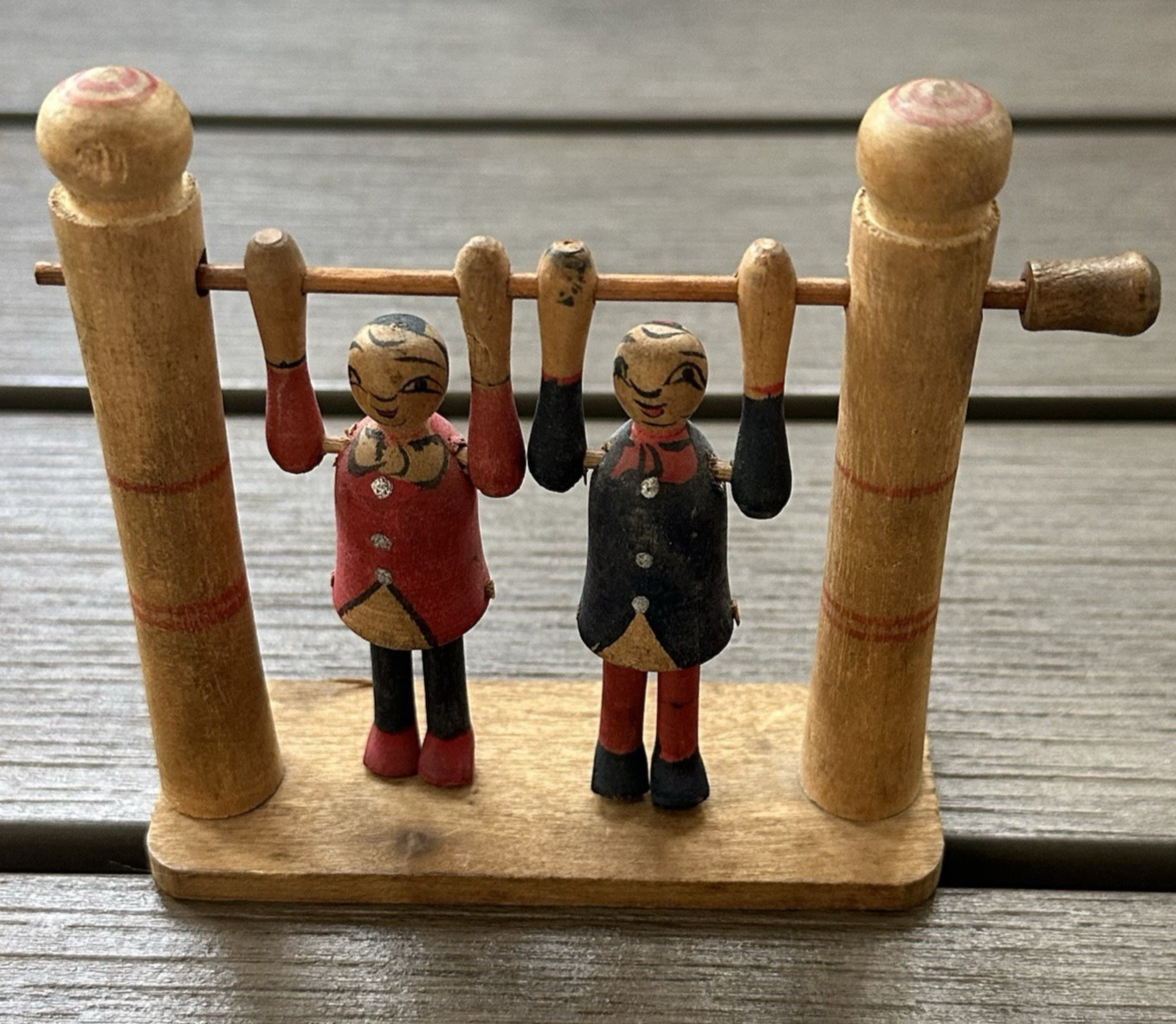 1950s Japanese Ningyo Wood Yajirou Two Articulated Acrobats Spin Folk Art Toy 4"