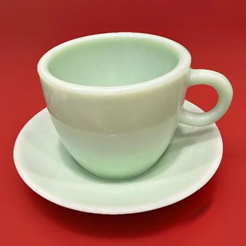 Vintage Jadeite Restaurant Ware C Handle Coffee Mug Cup and Saucer
