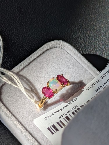 African Ruby And Ethiopian Opal Silver And 18kt Gold Vermeil Ring Size O - Picture 8 of 10