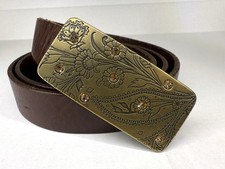 Vtg. Fossil Women  s Brown Leather Belt Size L - Brass Buckle Rhinestones Flowers