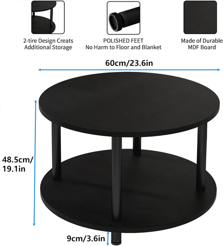 23.6" round Coffee Table, 2-Tier Small Circle Coffee Table with Storage, Modern - Picture 3 of 7
