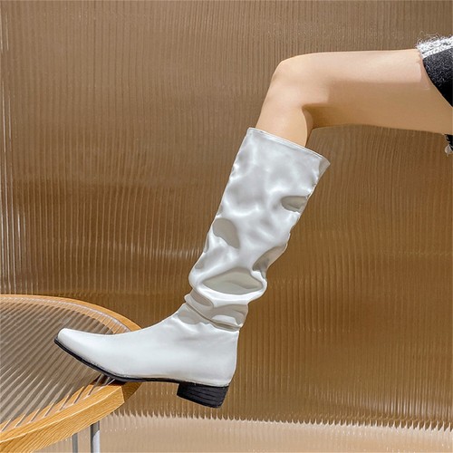 Damen Plissee Lange Stiefel Spitz zulaufend Halbhoher Flacher Absatz Bequem Mode Schuhe - Bild 3 von 20