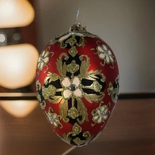 Baroque Victorian Holiday Red Black Gold Jeweled Glass Egg Ornament Floral Luxe