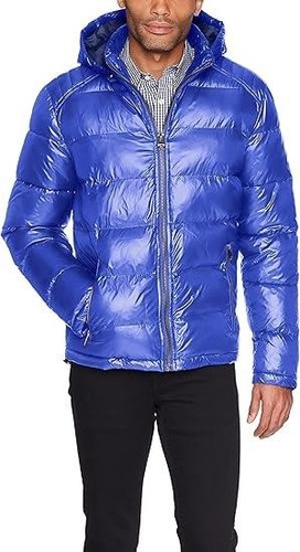 Guess Mens Puffer Jacket Coat M Quilted Insulated Removable Hood Blue $225 NEW