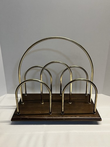 Vintage Arched Brass Wooden Record Holder MCM Retro