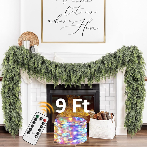 Cedar Christmas Garland with Lights for Mantle - Decorations 9Ft Realistic Light - Picture 12 of 12