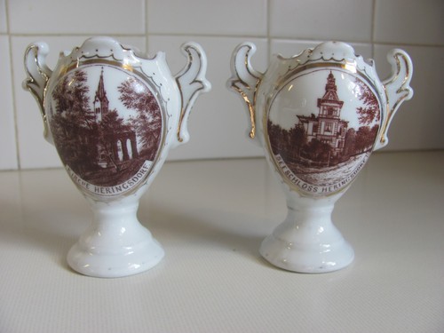 Pair of Antique Porcelain Souvenir Vases of Scenes from Heringsdorf, Germany