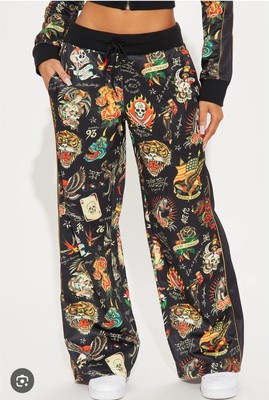 Ed Hardy Flashboard Track Pant Black Gold Embroidered Size XS Tiger Skull Print