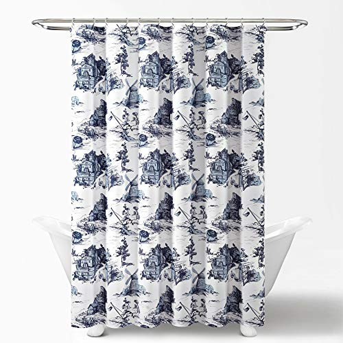 French Country Toile Shower Curtain, 72" x 72", White & Blue - Picture 5 of 8