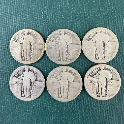 Lot of 6 Silver Standing Liberty Quarters, Dateless , Type 2, Circulated