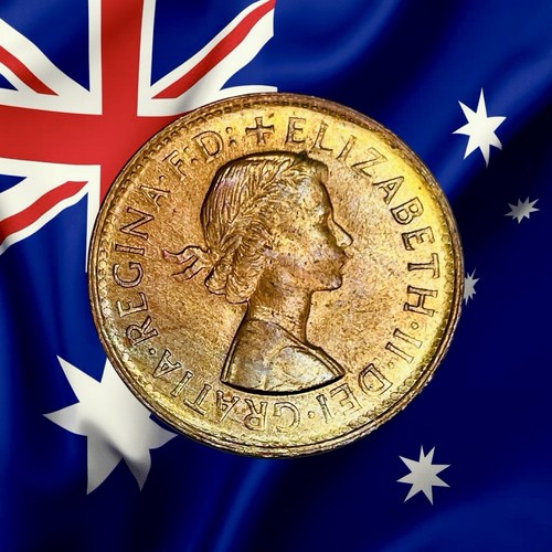 Medio centavo Australia 1961 - Isabel II - ¡Tonificación dorada naranja! - Barco combinado - Imagen 2 de 2