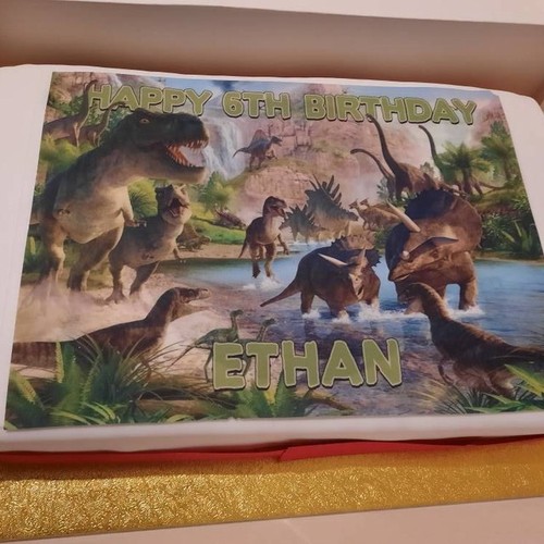 Kids Dinosaur Personalised Rectangle Edible Birthday Cake Topper Cake Decoration - Picture 4 of 10