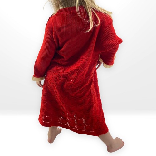 80s Vintage English Red Girl’s Knit Half Sleeve Ribbed Sweater Dress - Picture 7 of 11