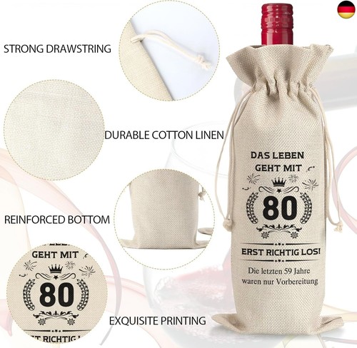 2 Stück Weinflasche Tasche Jute, Geschenke zum 80 Geburtstag Mann Frau, - Bild 3 von 7