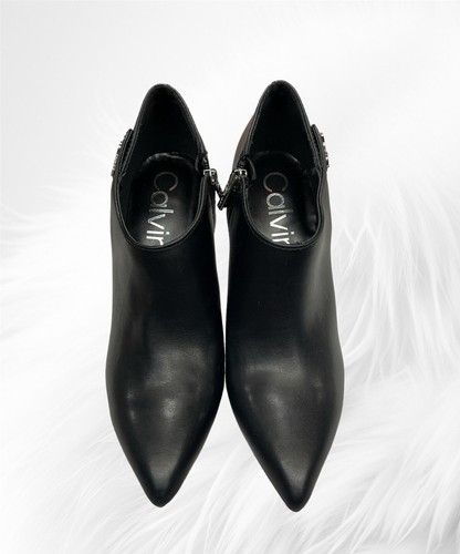 CALVIN KLEIN Womens Black Snap Gara Pointed Toe Stiletto Leather Booties 9.5 - Picture 2 of 7