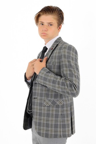 Boys Plaid Check Slim Fit Grey Suit 3 Piece Set Pageboy Birthday Wedding Dinner - Picture 3 of 9