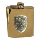 20293 HAPPY BIRTHDAY GOLD 150ml HIP FLASK WITH SHIELD BADGE IN GIFT BOX