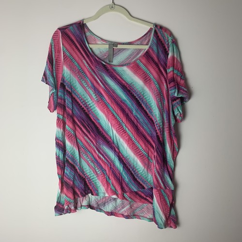 Brina & Em Damen Bluse 1X mehrfarbig gestreift lila blau rosa fließende Ärmel