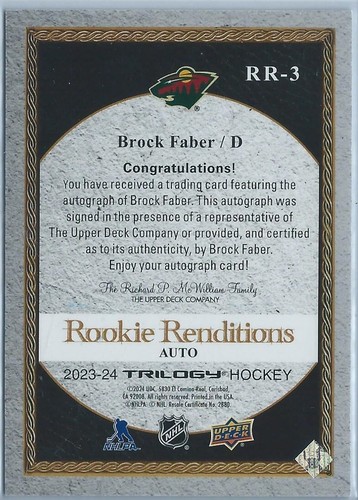 2023-24 Trilogy Rookie Renditions Auto Brock Faber 85/99 - Picture 2 of 2