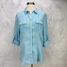 Saks Fifth Avenue Womens Linen Button Up Top XL Blue Roll Tab Pockets Beachy
