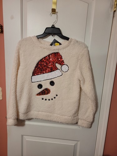 Damen Schneemann Pailletten Pullover Oberteil Gr. L Pulli Flauschig - Bild 3 von 3