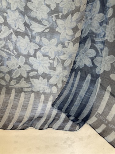Vintage Square Scarf Laura Ashley Fashion Blue Floral Silk Chiffon Stripes Used - Picture 3 of 8
