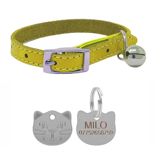 Genuine Leather Cat Collar with Safety Elastic & Bell with Personalised Cat Tag - Picture 10 of 46
