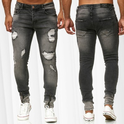Pantaloni Jeans Uomo Slim Fit Grigio Scuro Denim Usato Distrutto Strappati  | eBay