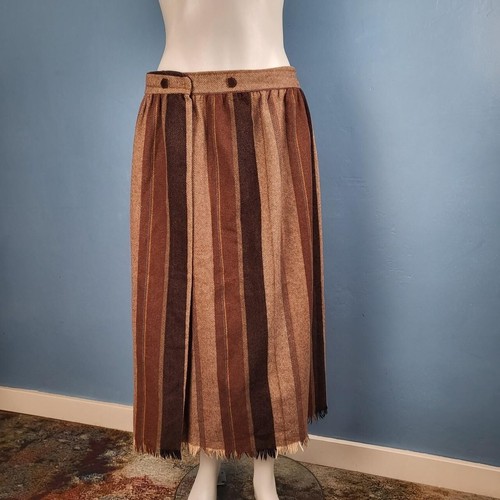 70s Vintage Wool Blend Striped Wrap Midi Skirt Brown Herringbone 30" waist SEARS - Picture 3 of 8