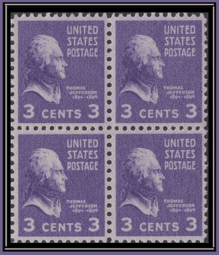 *U.S. #807 Thomas Jefferson Block, alrededor de 1938, 3 ¢/MONTADO/OG* - Imagen 1 de 3