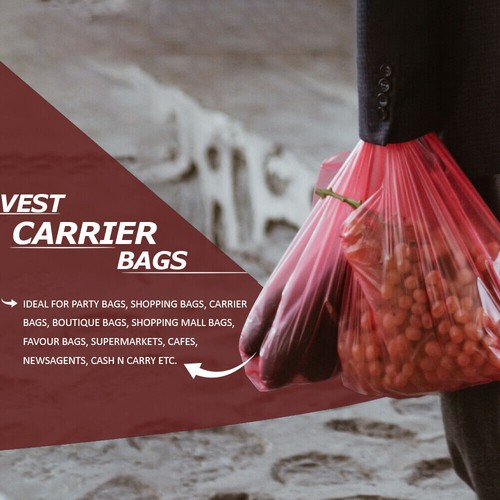 Plastic Vest Style Carrier Bags 11" x 17" x 21" 18mu Red Reusable Carry Bag - Picture 3 of 5