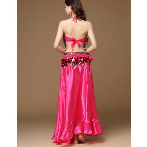 Belly Dance Costume Bra Top+Belt Hip Scarf+Satin Split Skirt Halloween Outfit - Picture 13 of 52