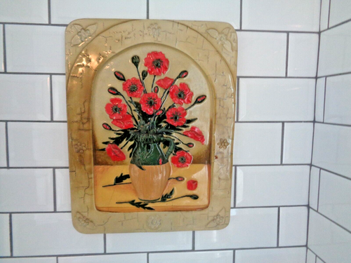 Vintage Glazed Plaster Wall Plaque POPPYS c1970 18x14ins 1.8cm 2.3kg Used - Picture 5 of 21