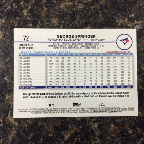 2024 Topps Blue Parallel #72 George Springer Toronto Bue Jays - Imagen 2 de 2
