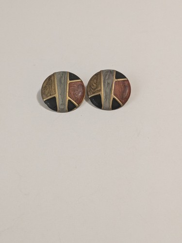 90's Vintage Stud Drop Round Multicolor Enamel Painted Earrings. 1 1/4". - Picture 2 of 14