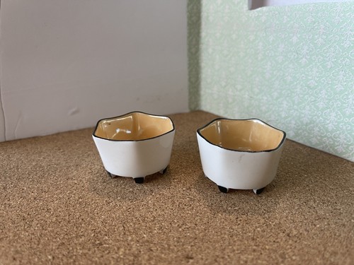 2 Germany 6 Sided Salt Cellar Dip Orange Lustre Footed Porcelain Black Trim - Picture 9 of 9