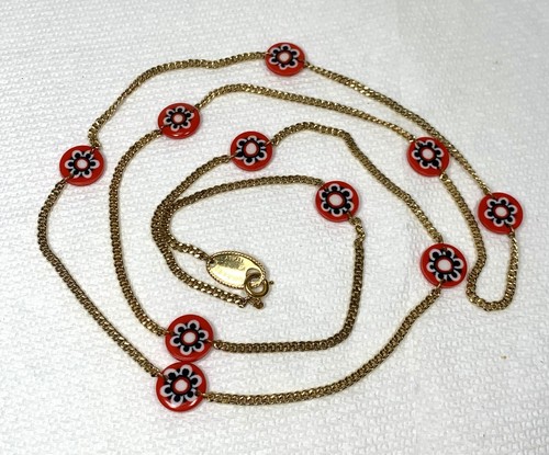 Vintage Bozart Italy Millefiori Glass Necklace Red Blue White Flower Lovely 40"! - Picture 7 of 11