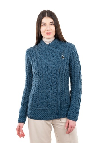 SAOL Cable Knitted Cardigan Women's 100% Merino Wool Irish Aran Zipper Jacket - Picture 21 of 31