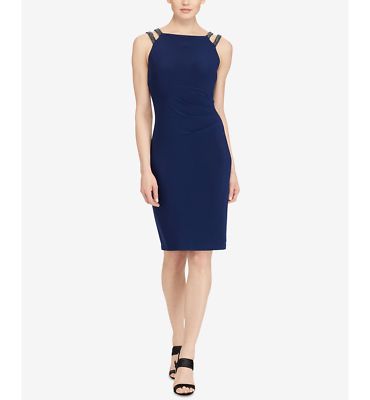 Ralph Lauren Womens Navy Beaded Sleeveless Square Neck Above The Knee Sheath Dress Size: 16