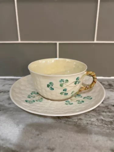 Vintage Belleek Ireland Shamrock Basket Weave China Tea Cup + Saucer Green Mark