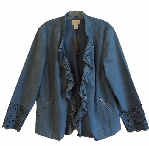 Chico’s Blue Vegan Suede Ruffle Jacket 12 - Picture 2 of 9