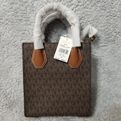 MICHAEL KORS MERCER XS NS SHOPPER CROSSBODY SATCHEL BAG MK BROWN SIGNATURE LOGO
